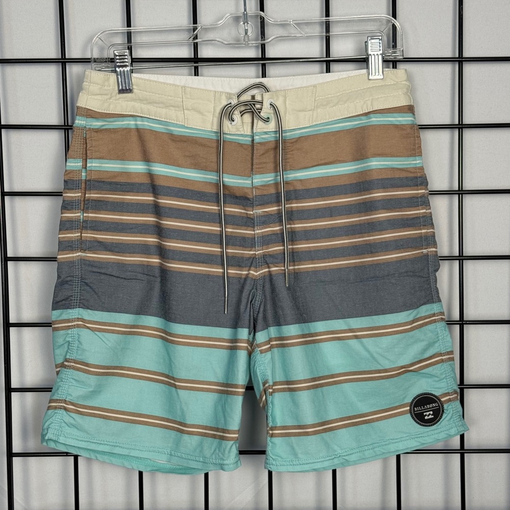 Billabong Board Shorts Men 28‎ Teal Brown Striped Surf Swim Trunks Quick Dry